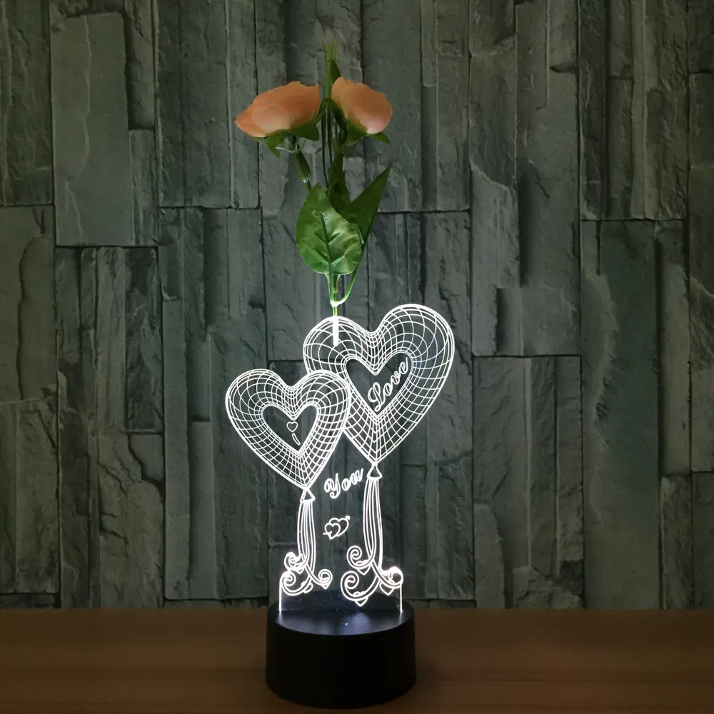 Zogift 2018 más nuevo 7 intermitente moda 3D lámpara visual magia doble corazones 3D lámpara de noche led