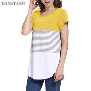 TONGYANGレディーストップス半袖ラウンドネックトリプルカラーブロックストライプTシャツカジュアルブラウス - Product Image 2