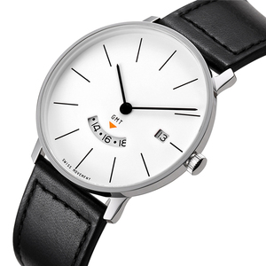 Reloj de Moda Alemán, Diseño Minimalista, Caja de Acero Inoxidable, Movimiento GMT, Cristal de Zafiro, Correa de Cuero Genuino, Resistente al Agua - Product Image 1