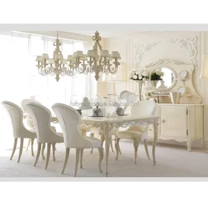 Neokklasik Set Furniture Ruang Makan Mewah, Set Perabot Makan Putih Elegan Kayu Solid Meja Makan Kursi