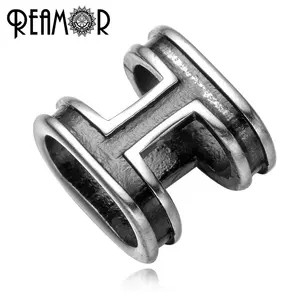 REAMOR Hole Size 12*6mm 316l Stainless Steel Letter H European Square Hole Charm Beads For Men Leather Bracelet DIY Jewelry