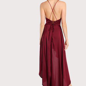 <strong>Ladies</strong> Wine Red Sling <strong>Cord</strong> Deep Back V Wrinkle <strong>Skirt</strong> Sexy Party Reception Evening Dress - Product Image 3