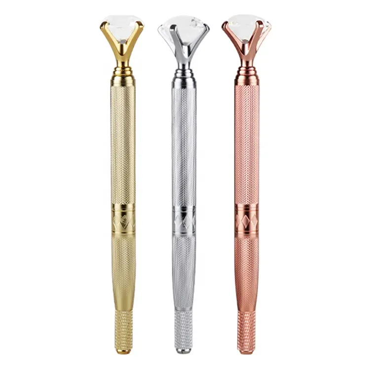 High Quality Gold Silver Microblading Eyebrow Tattoo Pen Single Sided Permanent Makeup Manual Tattoo Pen With Diamond On Top