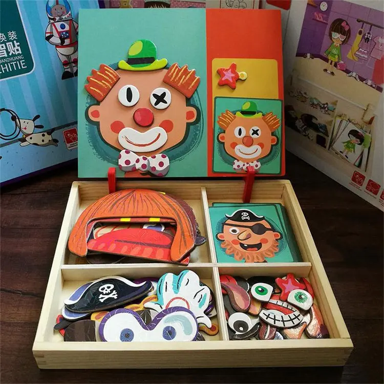 Multifunction Dry Scene Magnet Puzzles Game Set 3D Clown Puzzle Educational Children Wooden Magnetic Block Puzzle Toys