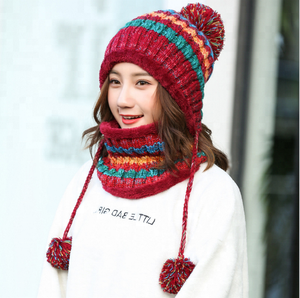 Wholesale colorful striped lady winter acrylic <strong>hat</strong> <strong>and</strong> <strong>scarf</strong> two piece sets with balls - Product Image 6