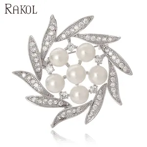 Rakol APB1131 fashion charming elegant wedding round silver flower pearl zircon brooch for women gifts