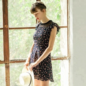 Verano de las mujeres de gasa negro <span class=keywords><strong>Boutique</strong></span> de empalme sin mangas estampado de moda Floral Jersey personalizado vestido Casual - Product Image 4