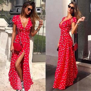 Sexy Scollo A V Lungo di Estate Del Punto Dell'onda Vestito Manica Corta Boho Polka Dot Maxi Vestito - Product Image 5