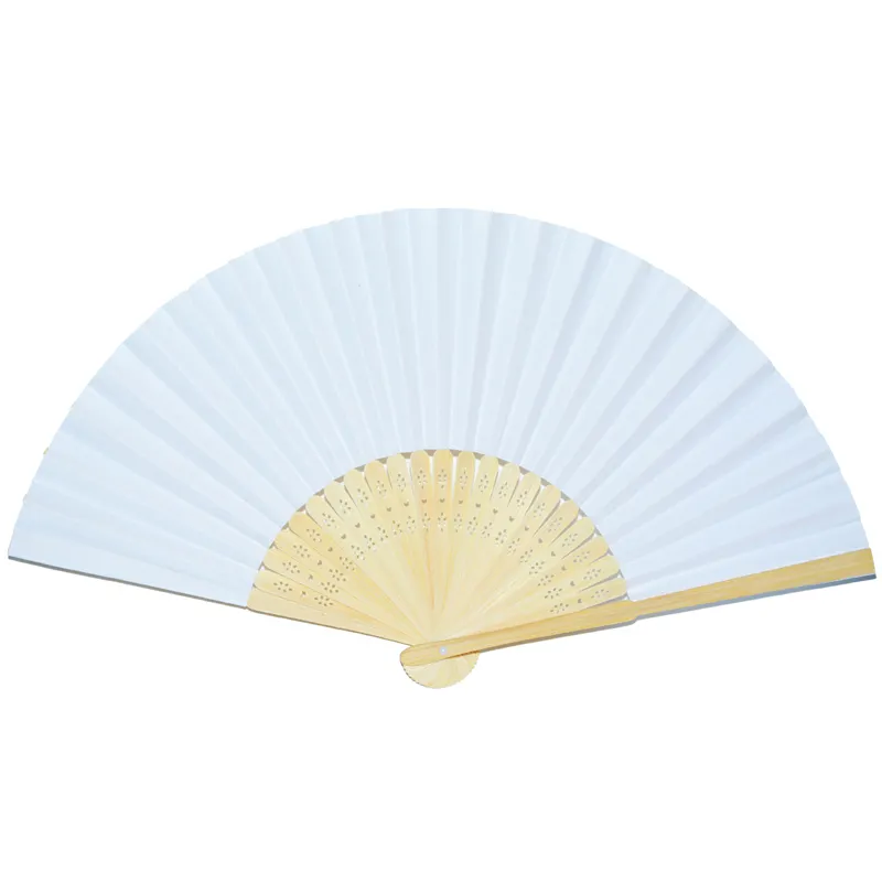 Abanico de mano plegable de bambú de papel blanco barato al por mayor arte popular natural regalo de negocios chino hecho a mano fiesta flor tema recuerdo