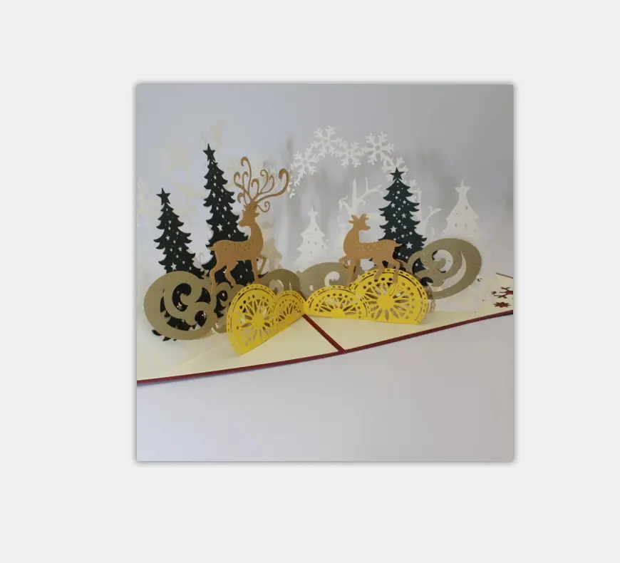 Moda özelleştirilmiş lüks 3d fantezi tasarım el yapımı Pop Up davetiye kartı düğün altın katlanmış lazer kesim kartı yılbaşı kartı
