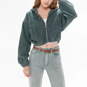 New Fashion Corduroy Drop Shoulder Casual Hooded Zip Front Cropped Jacket Women