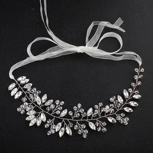 Genya Rhinestone Crystal Wedding Bridal Floral Headband Hair Vine Tiara with Ribbon Belt 2024