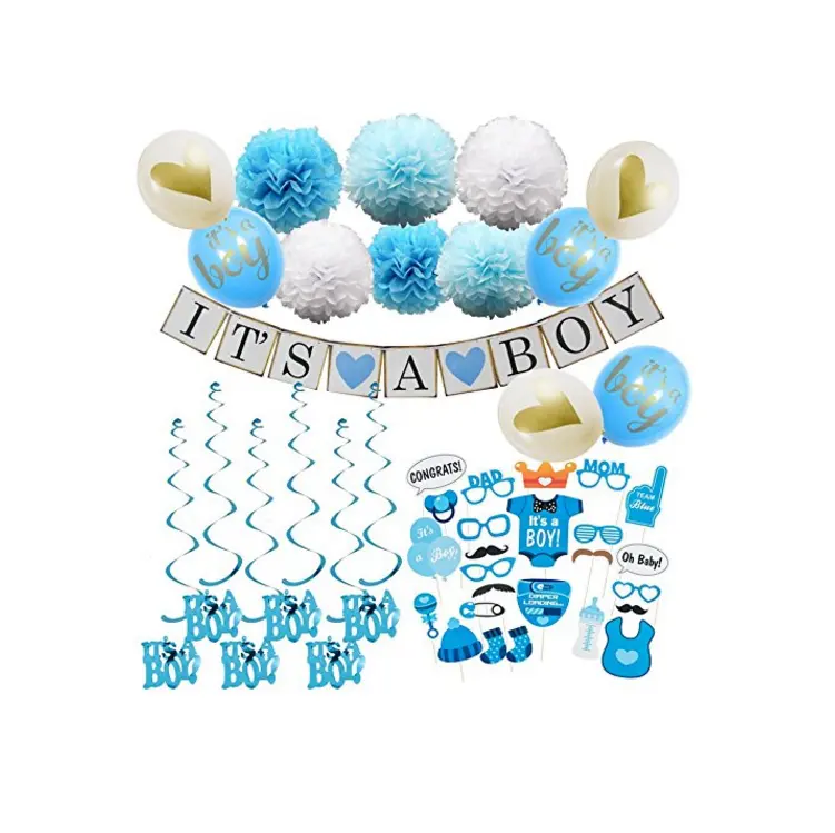 Baby Shower Party Decorations for Boy Includes Its A Boy Banner Balloons Photo Booth Props Blue White Flower Swirls Supplies