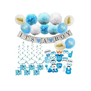 Bebek Duş Parti Süslemeleri Erkek Içerir Onun Bir Çocuk Afiş Balonlar fotoğraf kabini Sahne Mavi Beyaz Çiçek Swirls Malzemeleri