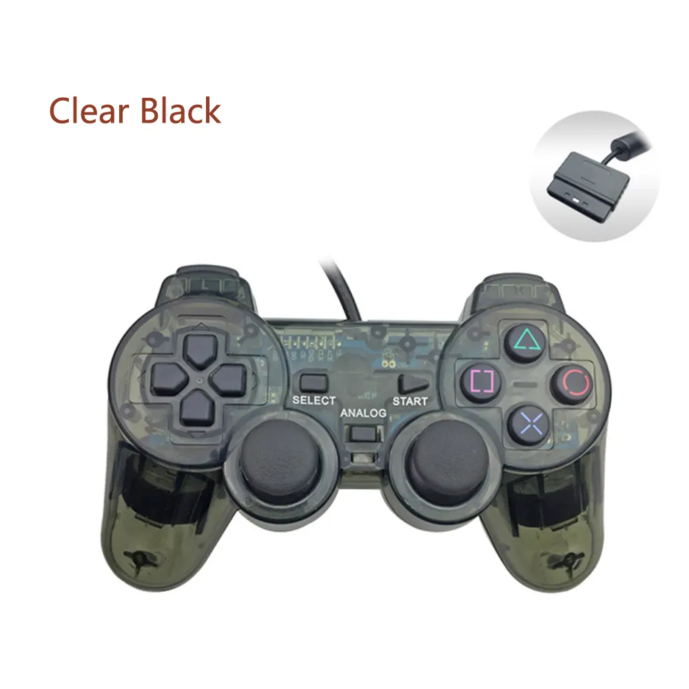 Clear สีดำการสั่นสะเทือน Dual Analog Gamepad สำหรับ PS2 Wired Controller
