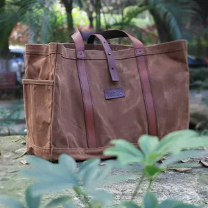Sac fourre-tout en <span class=keywords><strong>toile</strong></span> cirée marron robuste pour femme avec garniture en cuir Sacs à provisions élégants - Product Image 5