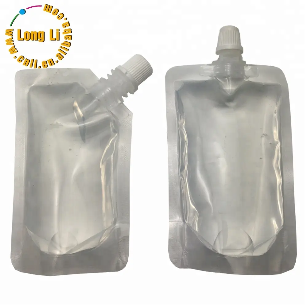 Mylar Drink Juice Beverage Liquid Spout Pouch Listo para enviar Stand up Plástico transparente 100mL 200ml 300ml Bolsa de jugo biodegradable