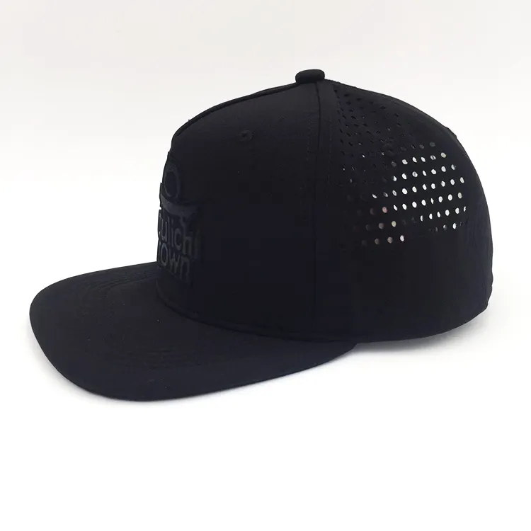 Laser Hole Custom Leather Patch Logo Hat Wholesale Black Snapback Cap