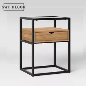SWT Metal And Wood Sofa Coffee Side Table Side Table Drawer With Glass Top