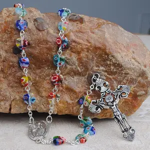 8mm a forma di cuore azzurro pietra perline collana religiosa rosario cattolico con centrotavola medaglia vergine maria