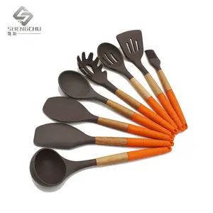 8 pcs royal kitchen set silicone wood play kitchen set with wooden handle