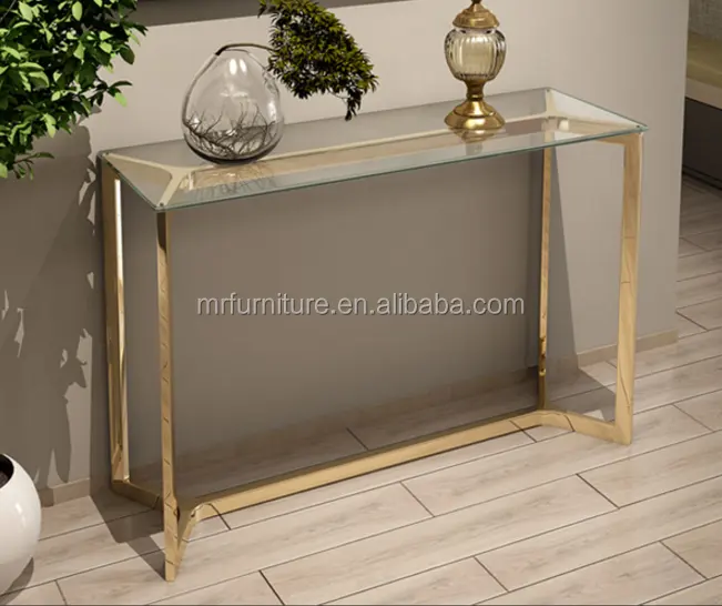 Alta Moda Ouro Latão de Aço Inoxidável Temperado Tampo De Vidro Console de Mesa