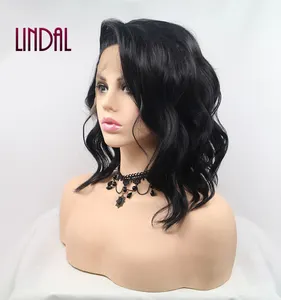 LINDAL Wholesale High Workmanship Quality 14 Inch Short Deep Wave Curly 1B Bob Stock Partial Lace Front Wigs for Black Women