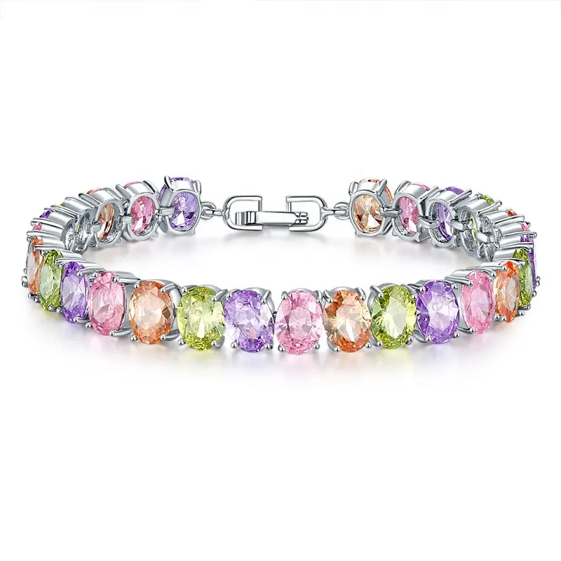Top Sale Fashion Colorful Rainbow CZ Stones Silver Tennis Bracelet