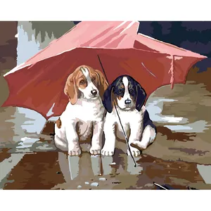 אישית Diy שמן ציור בעבודת יד שני כלבים עם אדום מטריות צבע על ידי מספר ערכות שמן ציור מסגרות סיטונאי