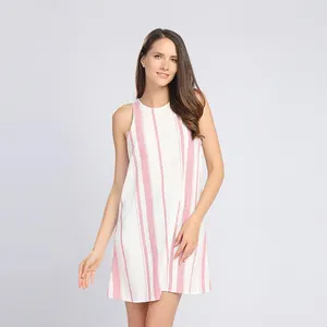 Good sale eco friendly stylish summer one piece stripe cotton linen dresses casual lady