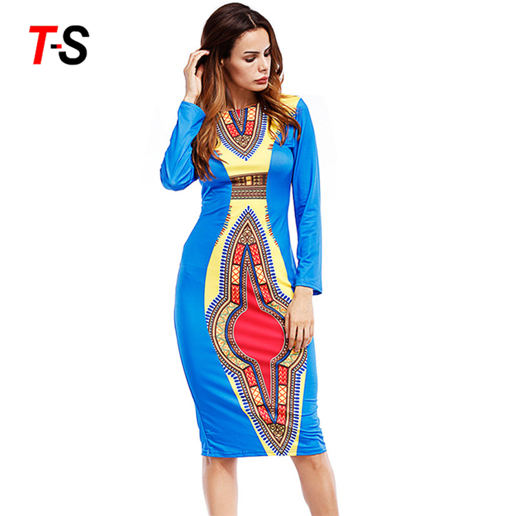 С длинным рукавом Пакет ягодицы Африканский Kitenge платье конструкций