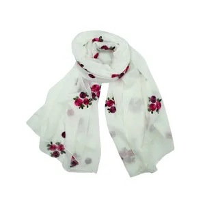 新设计中国工厂白色女士刺绣花卉装饰围巾披肩女性头巾