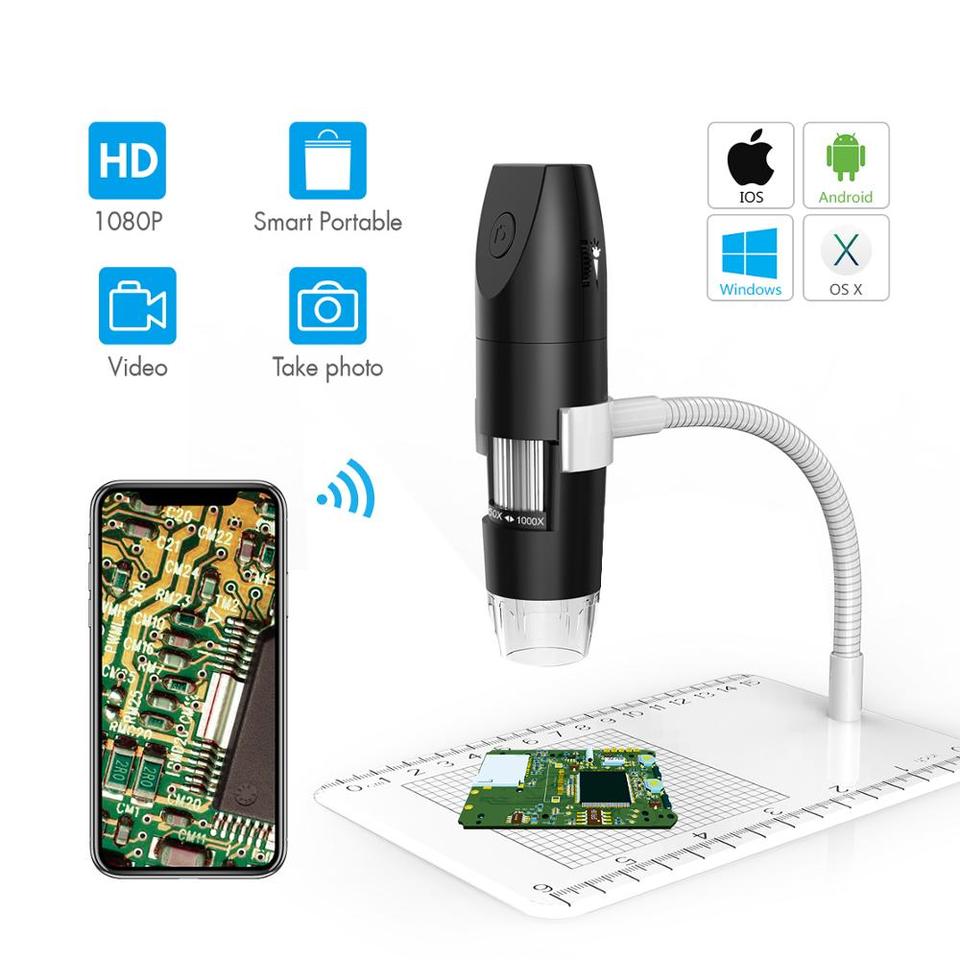 thumbnail image 1 of digital de bolsillo inalámbrico Microscopios USB de mano, zoom 50x-1000x Foco fijo HD Lupa con LED, cámara de inspección compatible con iPhone, teléfono Android, MacBook, PC con Windows (negro), 1 of 5