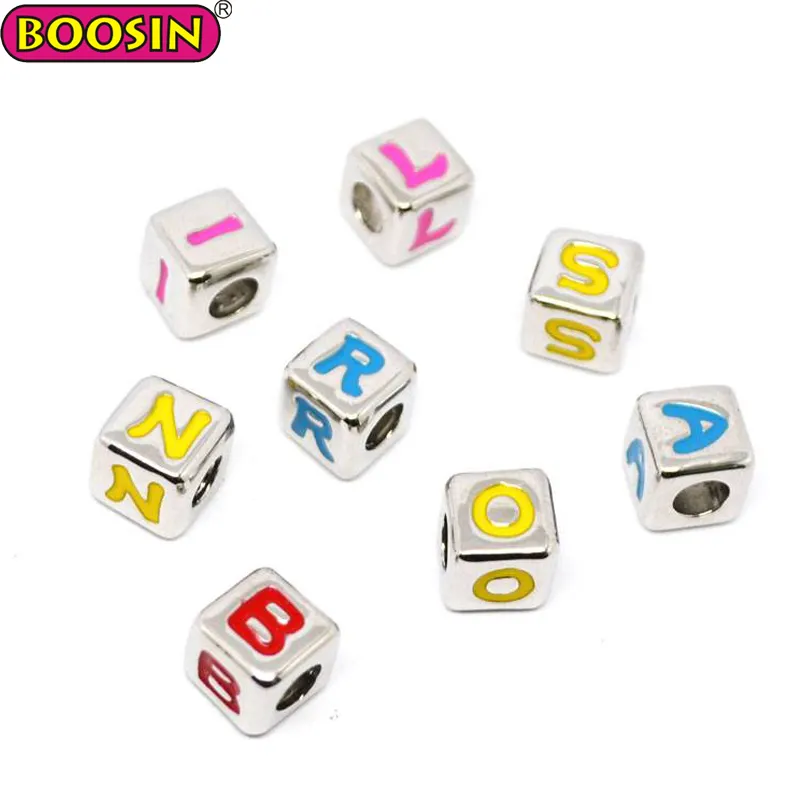 Perles de lettres initiales en métal émail coloré, pièces, couleur argent, perle d'alphabet, Cube