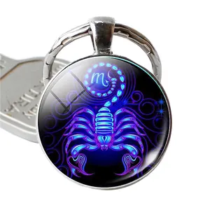 Wholesale Custom 3D Fashion key Chain Rings, Promotional cheaper metal Key Ring 12 constellations blue Chains