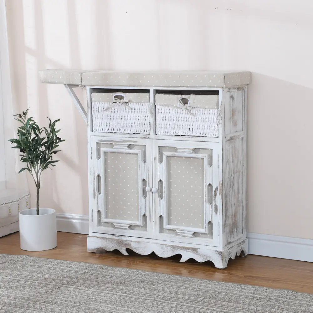 old white ironing board with rattan baskets