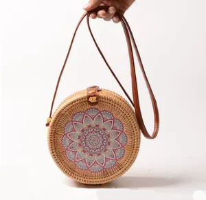 Flower Rattan Shoulder Bag Retro National Round Bag Straw Crossbody Bag for Women