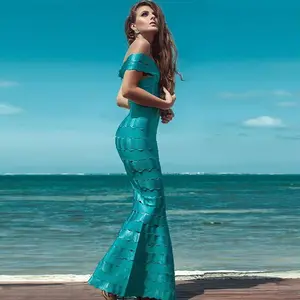 YQ75 elegante damas hombro cola de pescado sirena trompeta verde esmeralda de noche Maxi vestido