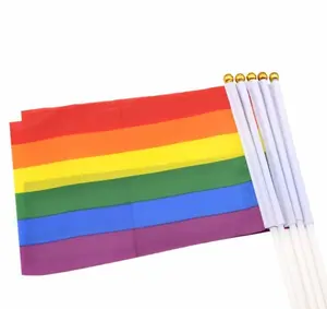 14*21Cm Kebanggaan Gay Kecil Bendera Nasional Pelangi Bendera Tangan Melambai dengan Tiang Bendera Plastik untuk Dekorasi Parade Olahraga WCW378