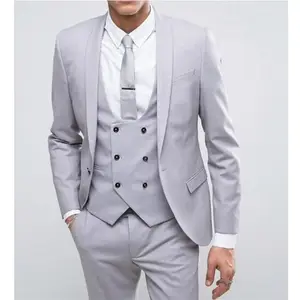 HD128灰色男子套装婚礼修身伴郎燕尾服伴郎婚礼套装商务派对套装 (夹克 + 裤子 + 背心)