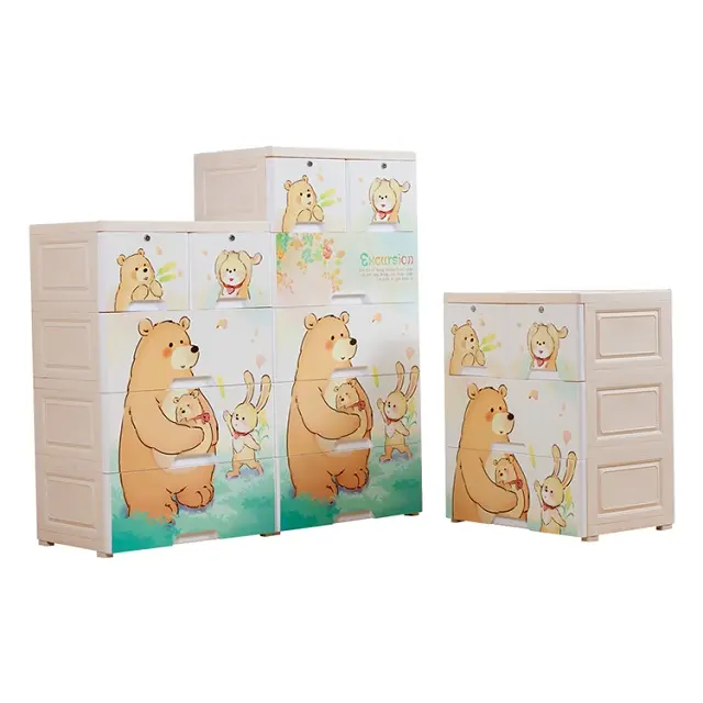 Pp Plastic 5 Layer Carton Bear Ontwerp Baby Kast Met Wielen Slaapkamer Sets Kasten Woonkamer Meubels Opberglades (oud)