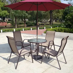 所有天气证明咖啡棕色 5 件户外花园阳台铝吊索庭院家具圆形玻璃餐桌椅套装