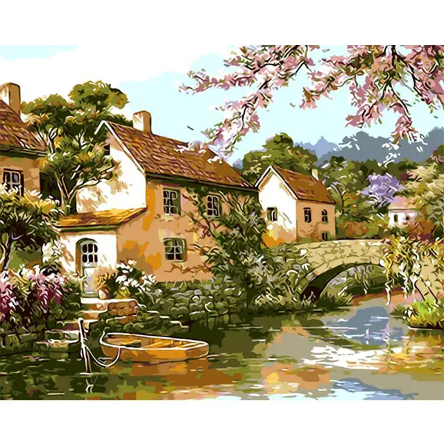 HD fabric printing painting by number with wood frame diy town scenery wholesale with canvas for living room