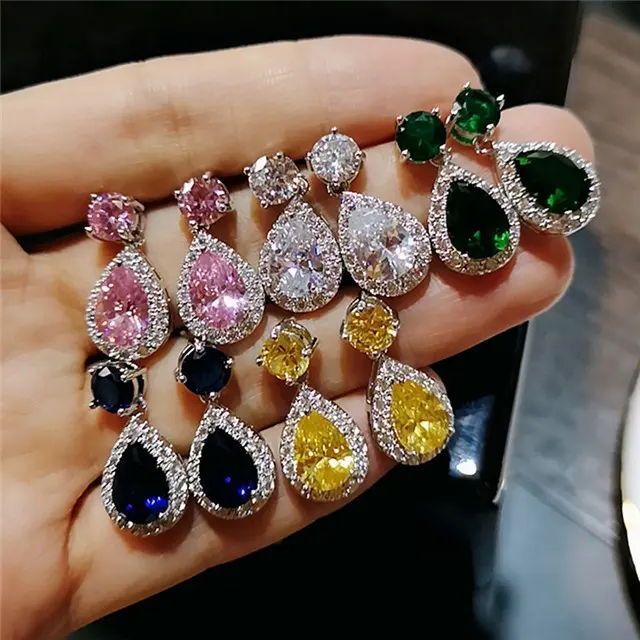 Anting-Anting Kancing Perak Murni Batu Zirkon Besar Tetes Air 5 Warna untuk Wanita Anting-Anting Hadiah Perhiasan