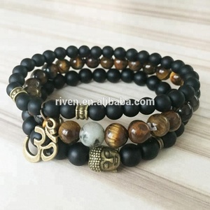 SN0863 3 pz/set Mala perline curative occhio di tigre opaca onice Yoga bronzo Buddha Om bracciale da polso per gli uomini - Product Image 2