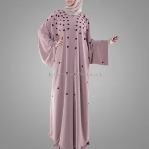 Beautiful Pink Kimono Abaya Hand Beads Ethnic Region Islamic Clothing New Modest Long Sleeve Dubai Kaftans Online