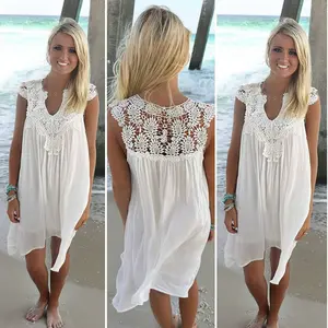 New Casual Sexy Verão Praia Solto Vestido de Renda Das Mulheres Sem Mangas Chiffon Curto Branco Vestidos Plus Size