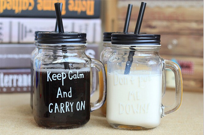 HOT SALE !!! wholesale 20 oz glass mason jar with handle with lid and straw