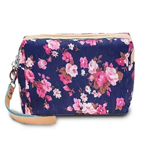 Funda de nailon azul marino lavable y duradera para cosméticos, bolsa de maquillaje Sakura, artículos de tocador