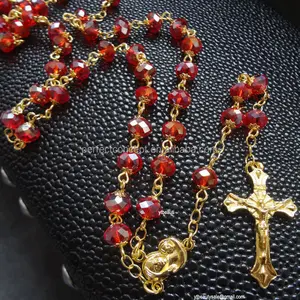 High Quality Red AB Glass Bead Rosary With Gold Cross Necklace